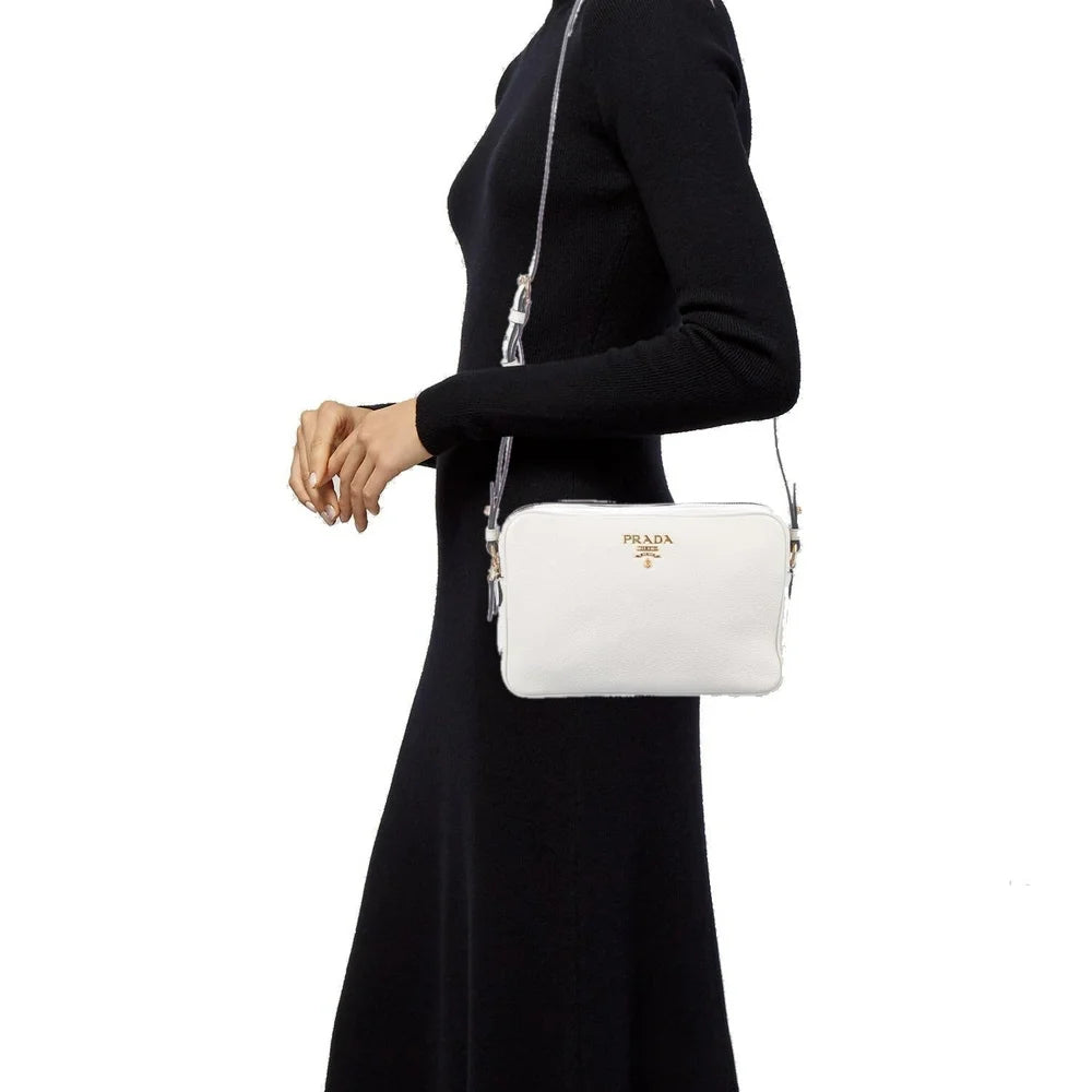 New Vitello Phenix White Leather Double Zip Camera Crossbody 1BH079