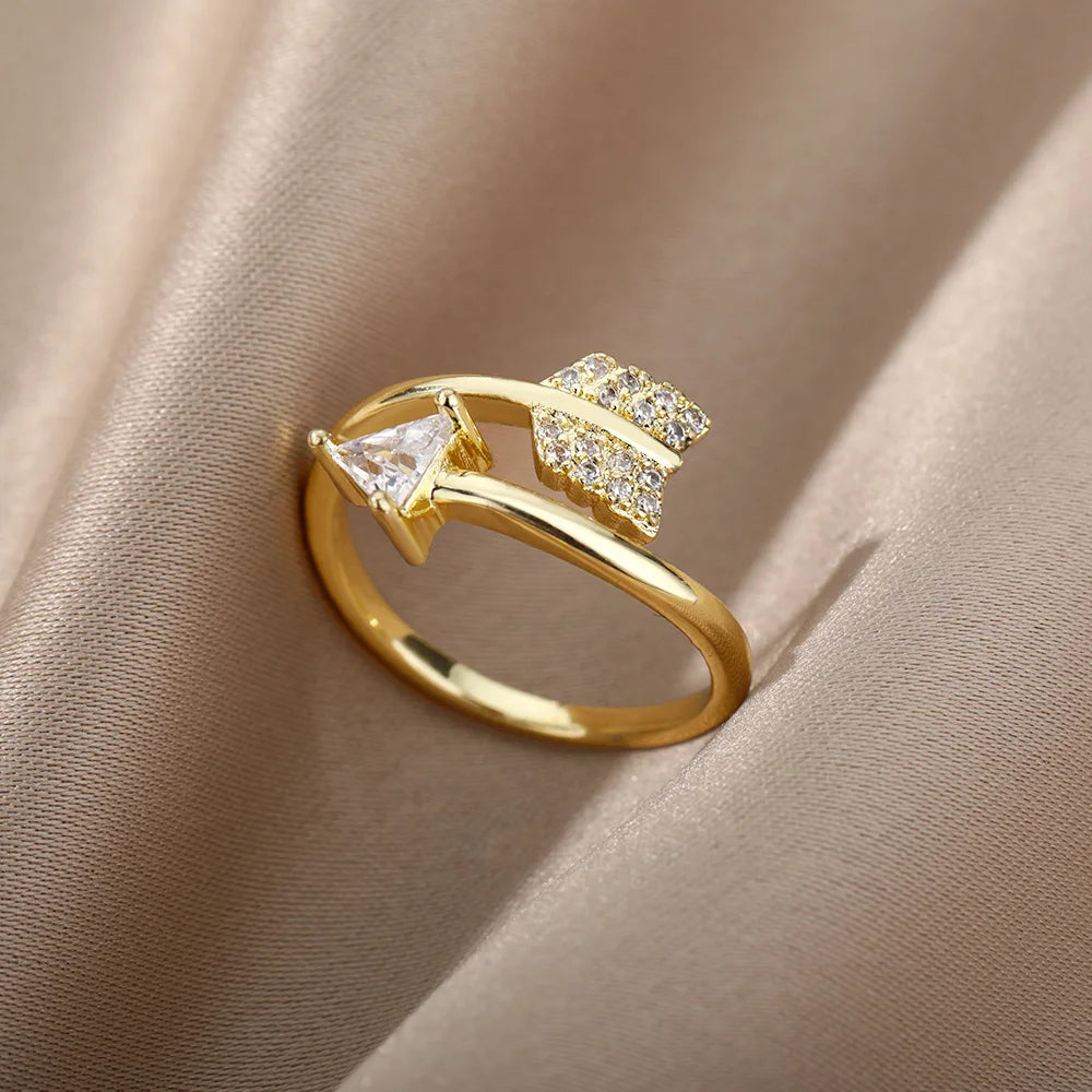Zircon Adjustable Feather Ring for Woman Stainless Steel Arrow Geometric Finger Ring Accessories Jewelry Anillos Bijoux Femme