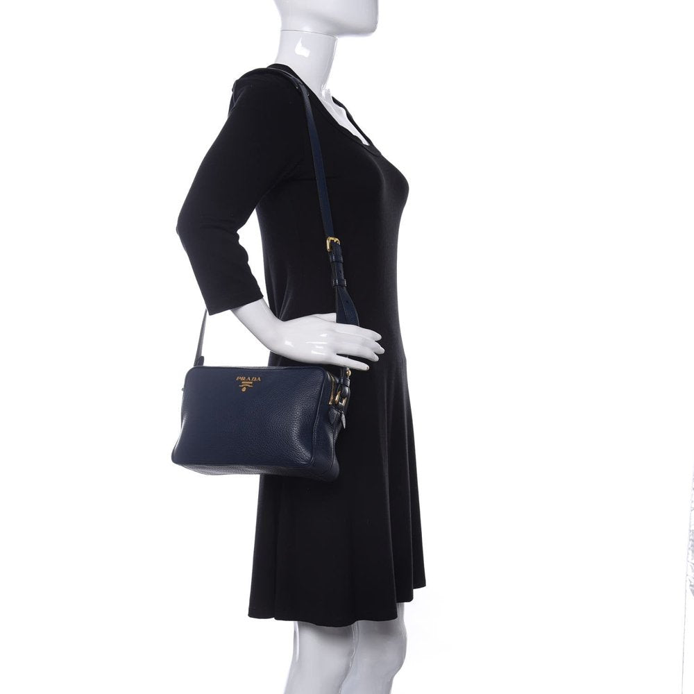 Baltico Blue Vitello Phenix Leather Double Zip Crossbody Bag 1BH079