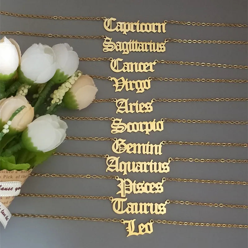 12 Zodiac Letters Pendant Necklace Old English Scorpio Aries Taurus Gemini Cancer Leo Choker Horoscope Signs Necklace Friendship