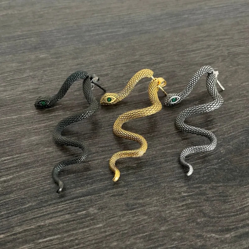 Emerald Eyes Snake Earrings, Front Back Earrings, Snake Earrings,Black Earrings, Ear Jacket, Snake Front Back Earrings