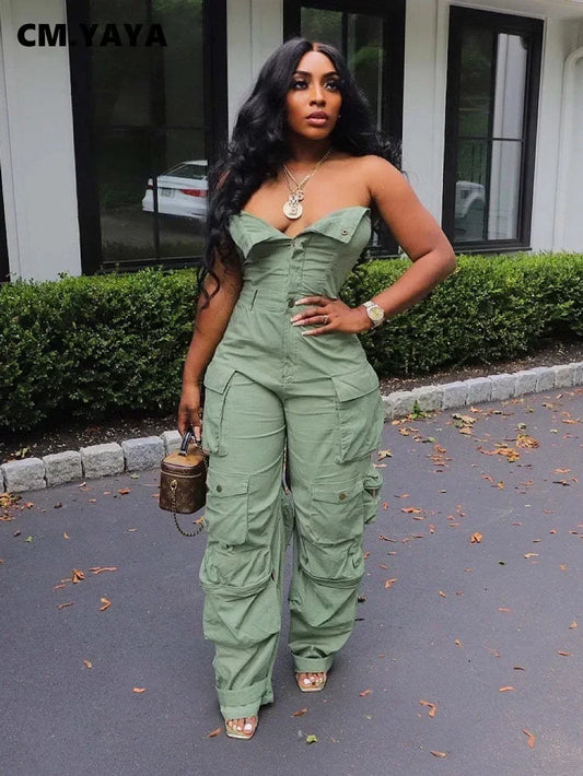 Fashion Women Strapless Button Front Ruched Cargo Jumpsuit 2023 Autumn Sexy Party Street Playsuit One Piece Suit Romper