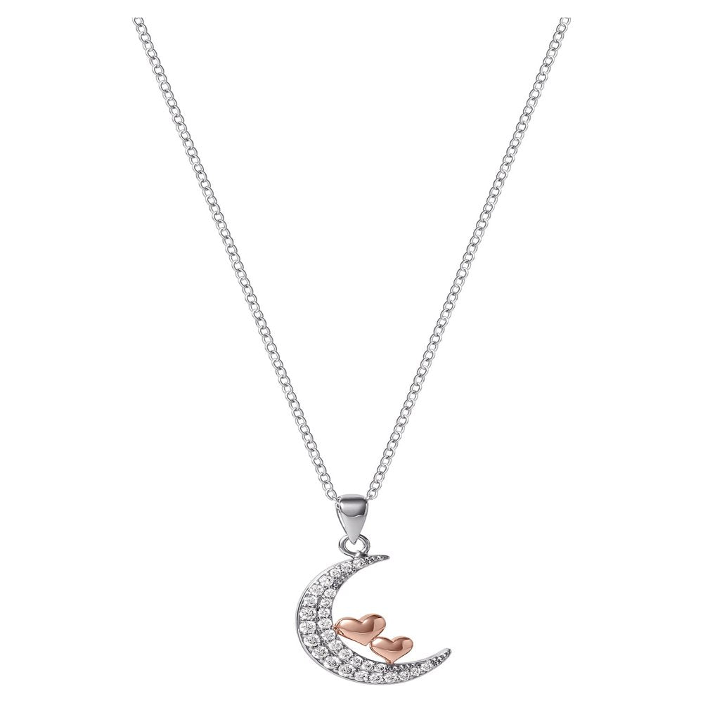 Brass Pink Gold Plated Cubic Zirconia Moon and Heart Pendant, 18" +2"