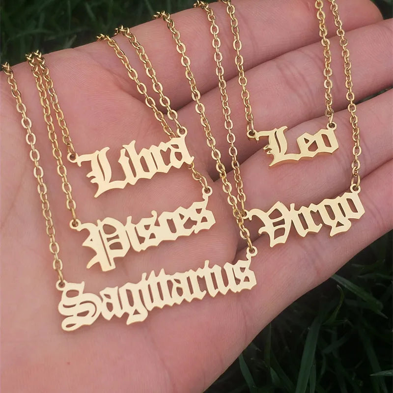 12 Zodiac Letters Pendant Necklace Old English Scorpio Aries Taurus Gemini Cancer Leo Choker Horoscope Signs Necklace Friendship