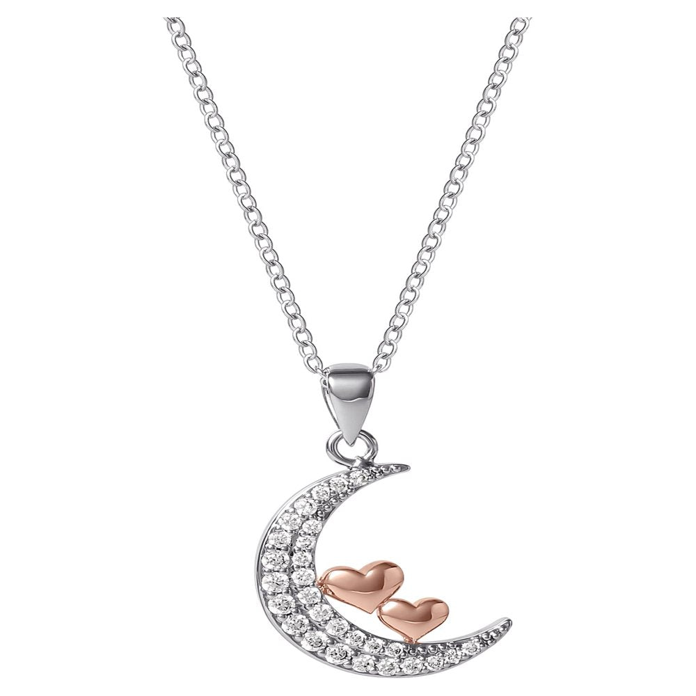 Brass Pink Gold Plated Cubic Zirconia Moon and Heart Pendant, 18" +2"