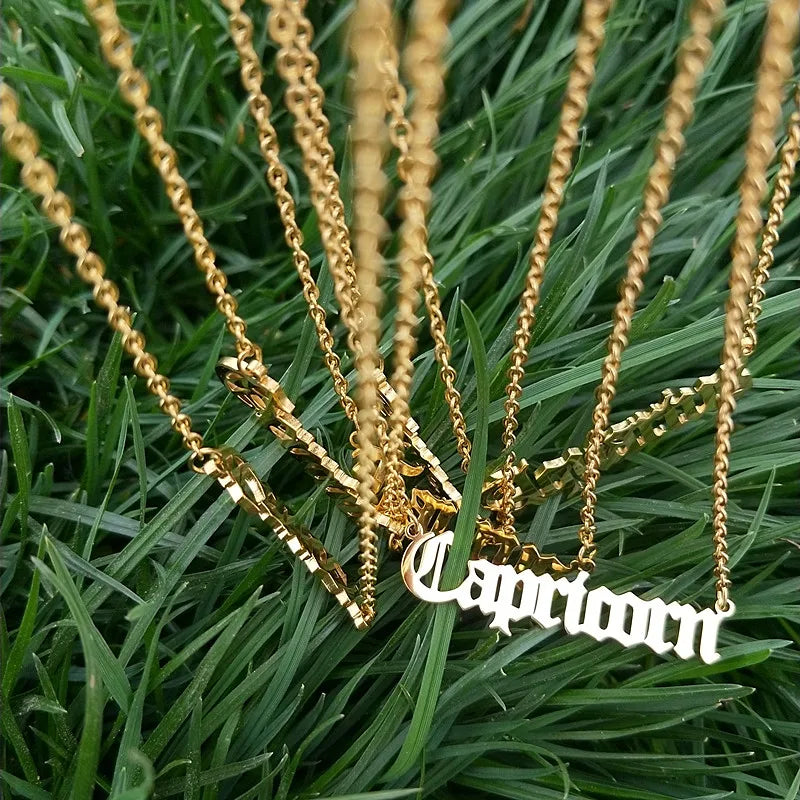12 Zodiac Letters Pendant Necklace Old English Scorpio Aries Taurus Gemini Cancer Leo Choker Horoscope Signs Necklace Friendship