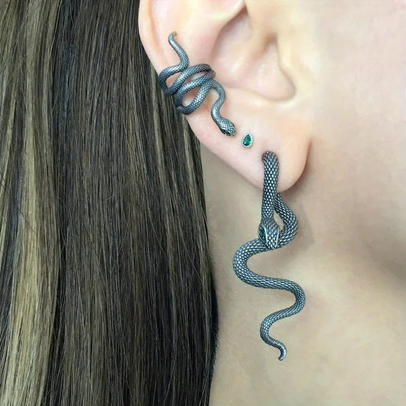 Emerald Eyes Snake Earrings, Front Back Earrings, Snake Earrings,Black Earrings, Ear Jacket, Snake Front Back Earrings