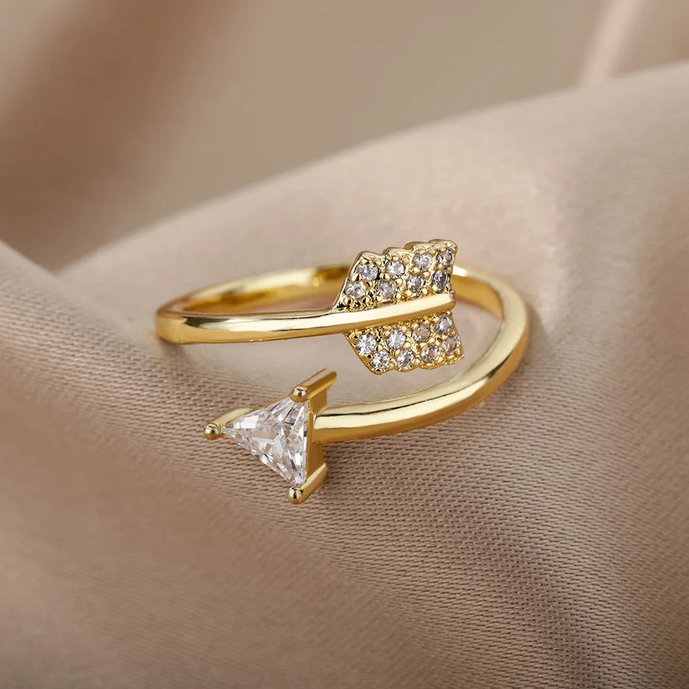 Zircon Adjustable Feather Ring for Woman Stainless Steel Arrow Geometric Finger Ring Accessories Jewelry Anillos Bijoux Femme