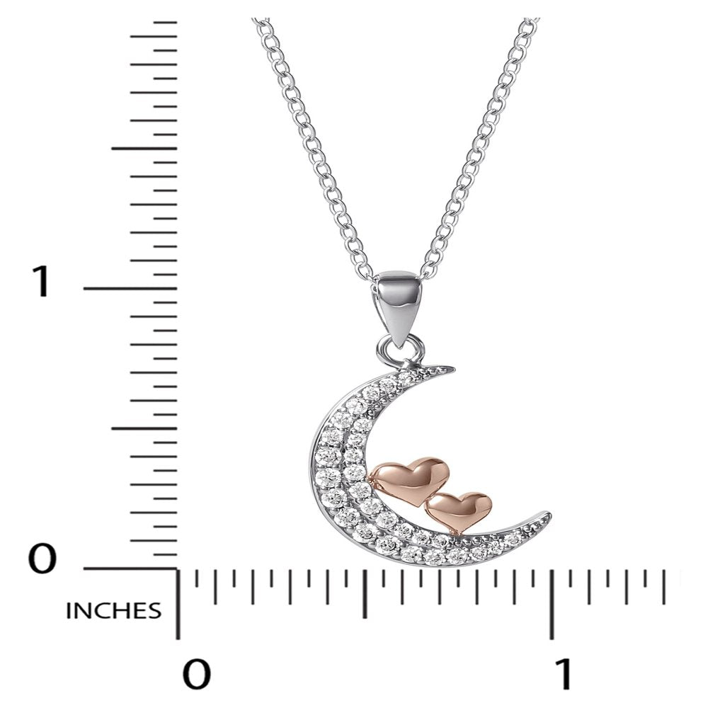 Brass Pink Gold Plated Cubic Zirconia Moon and Heart Pendant, 18" +2"