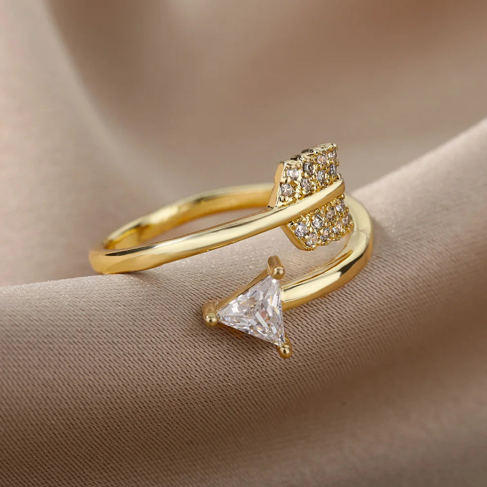 Zircon Adjustable Feather Ring for Woman Stainless Steel Arrow Geometric Finger Ring Accessories Jewelry Anillos Bijoux Femme